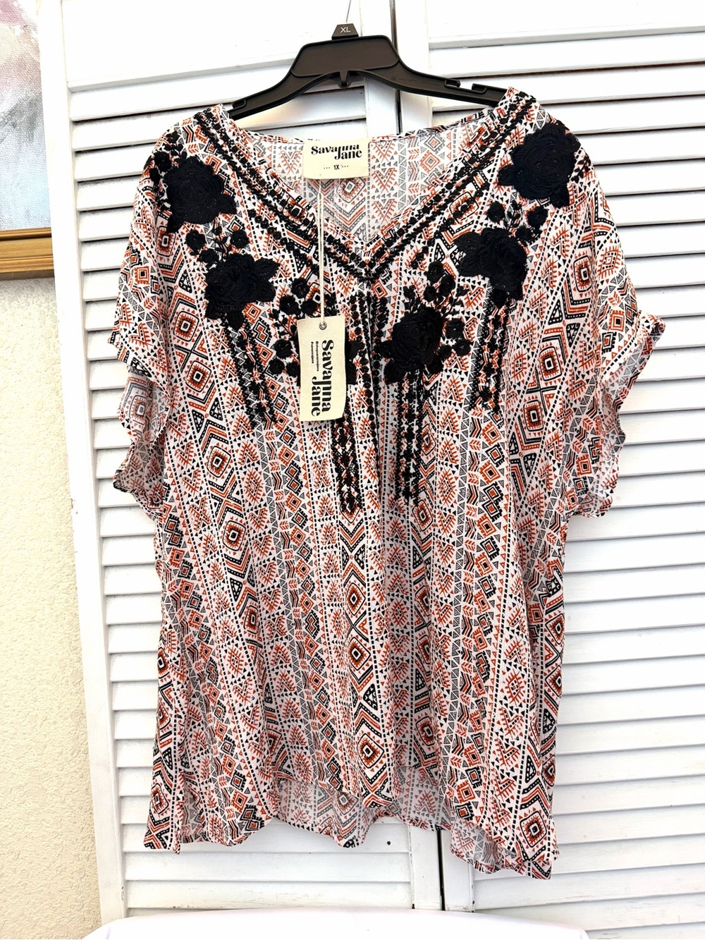 Savanna Jane Black & Orange Geometric Embroidered Tunic